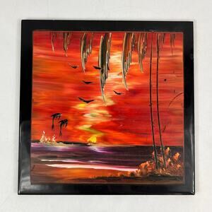 Hand Painted Coastal Sunset Marsh Tile Trivet Highwaymen Style Birds Palm 7.75"